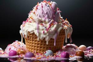 Unicorn flavour Ice Cream Splashing in waffle cone. Generative AI photo