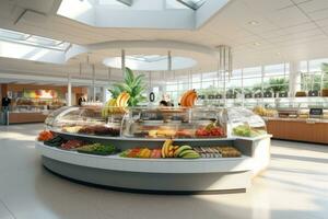 Clean and inviting hospital cafeteria with a variety of nutritious food options, promoting the importance of healthy eating and well-being within healthcare settings. Generative Ai photo