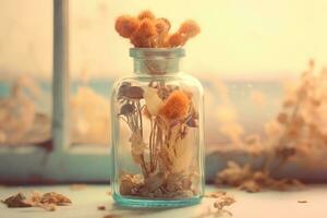 Single dried flower in a vintage bottle , with a soft, faded filter that adds a sense of nostalgia and romance. Generative AI photo