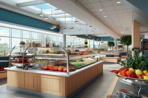 Clean and inviting hospital cafeteria with a variety of nutritious food options, promoting the importance of healthy eating and well-being within healthcare settings. Generative Ai photo