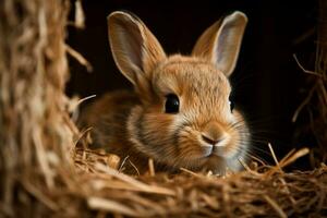 A basket of baby rabbit peeking over the rim, bright eyes full cuteness. Generative AI photo