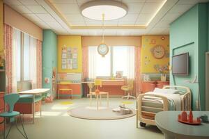 imagen presentando un alegre y vistoso pediátrico sala con juguetón decoraciones, tamaño infantil muebles, y atractivo obra de arte, creando un niño amigable y positivo ambiente. generativo ai foto