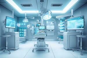 Well-equipped operating room with surgical instruments, monitors, and a sterile environment, conveying a sense of professionalism and expertise. Generative AI photo