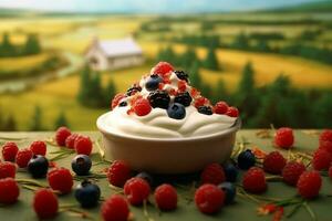 A beautiful landscape shot with a spoonful of yogurt and fresh berries in the foreground. Generative AI photo