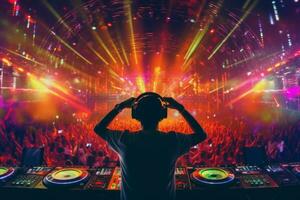 A DJ performing at a music festival with colorful laser lights in the background. Generative AI photo