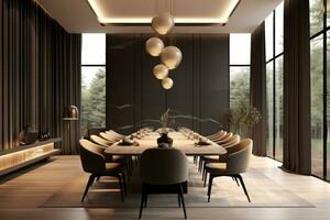 Minimalist dining room in a luxury residence, featuring a large dining table, exquisite lighting fixtures, and stylish decor. Generative Ai photo