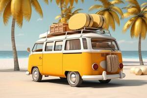 Yellow car van with luggage for summer holidays on white sand beach with palms and sea. Generative Ai photo