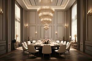 Glamorous dining room in a luxury residence, featuring a large dining table, exquisite lighting fixtures, and stylish decor. Generative Ai photo