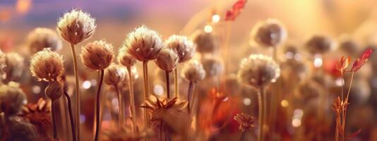 A banner featuring a close-up of a group of dried flowers, with a blurred, dreamlike background that creates a sense of otherworldliness. Generative AI photo