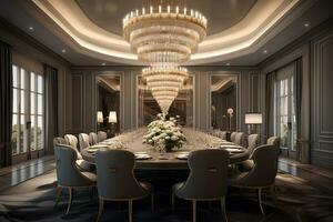 Glamorous dining room in a luxury residence, featuring a large dining table, exquisite lighting fixtures, and stylish decor. Generative Ai photo