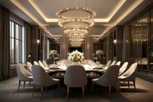 Glamorous dining room in a luxury residence, featuring a large dining table, exquisite lighting fixtures, and stylish decor. Generative Ai photo