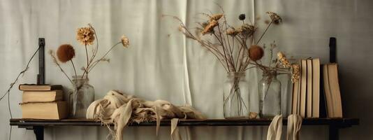 A banner featuring a single dried flower in a unique or unexpected setting, such as a desk, that adds interest and curiosity. Generative AI photo