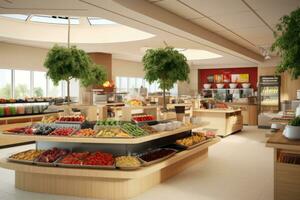 Clean and inviting hospital cafeteria with a variety of nutritious food options, promoting the importance of healthy eating and well-being within healthcare settings. Generative Ai photo