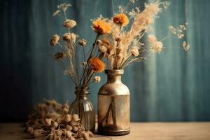 Single dried flower in a vintage bottle , with a soft, faded filter that adds a sense of nostalgia and romance. Generative AI photo