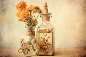 Single dried flower in a vintage bottle , with a soft, faded filter that adds a sense of nostalgia and romance. Generative AI photo