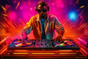 A DJ mixing music on a vintage DJ setup, complete with turntables, mixers, and colorful disco lights, capturing the energetic atmosphere of eighties parties. Generative AI photo