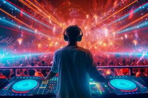 A DJ performing at a music festival with colorful laser lights in the background. Generative AI photo