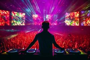A DJ performing at a music festival with colorful laser lights in the background. Generative AI photo