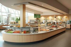 Clean and inviting hospital cafeteria with a variety of nutritious food options, promoting the importance of healthy eating and well-being within healthcare settings. Generative Ai photo