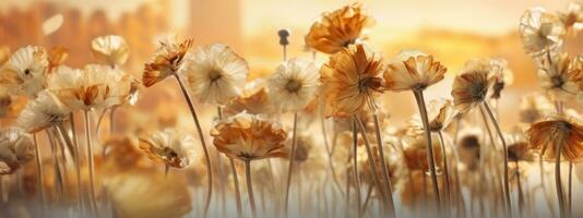 A banner featuring a close-up of a group of dried flowers, with a blurred, dreamlike background that creates a sense of otherworldliness. Generative AI photo