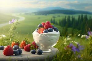 A beautiful landscape shot with a spoonful of yogurt and fresh berries in the foreground. Generative AI photo