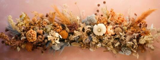 A banner featuring a collection of dried flowers arranged in a wreath or bouquet, with warm tones and soft lighting that create a cozy and inviting atmosphere. Generative Ai photo