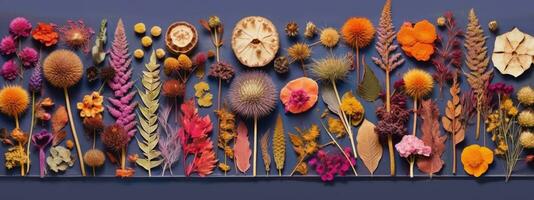A banner featuring a collection of dried flowers arranged in a geometric, modern pattern, with bright, vibrant colors that add energy and excitement. Generative AI photo