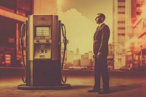 A businessman in a suit overlaid with an image of a gas pump, emphasizing the economic importance of the industry. Generative AI photo