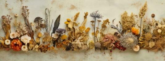 A banner featuring a collection of dried flowers arranged in a wild, organic manner, with a blurred background that gives the impression of being surrounded by nature. Generative AI photo