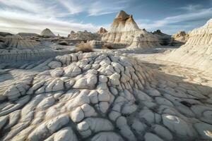 A captivating shot of the White Pocket rock formation in the National Park, with its stunning white sandstone and intricate patterns. Generative AI. photo