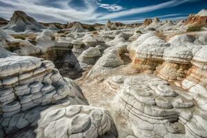 A captivating shot of the White Pocket rock formation in the National Park, with its stunning white sandstone and intricate patterns. Generative AI. photo
