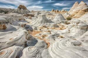 A captivating shot of the White Pocket rock formation in the National Park, with its stunning white sandstone and intricate patterns. Generative AI. photo