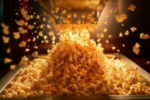 A close-up of a popcorn machine, with popcorn kernels popping and flying out of the machine, capturing the essence of the popcorn-making process. Generative AI photo