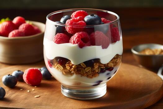 un claro vaso taza lleno con capas de yogur, Granola, y mezclado bayas, con un de madera cuchara pega afuera. generativo ai foto