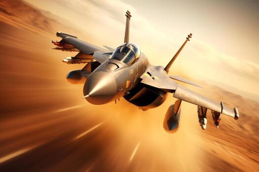 Fighter jet soaring through the sky at high speed, with the afterburners ignited, showcasing its raw power and agility. Generative AI photo