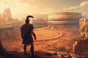 Armoured Roman SPQR Gladiator overlooking the amphitheater of ancient Rome. Generative AI photo