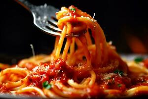 A close-up image of pasta spaghetti Amatriciana being twirled around a fork, showcasing the texture and presentation of the dish, while the ingredients are visible in the background. Generative AI photo