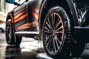 A close-up of a car tire being carefully cleaned and dressed by a detailer, showcasing the attention given to every aspect of the car during the wash. Generative AI photo