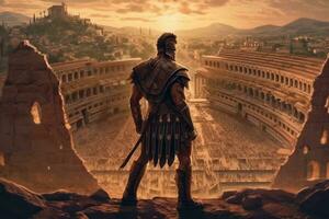 Armoured Roman SPQR Gladiator overlooking the amphitheater of ancient Rome. Generative AI photo