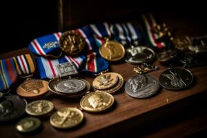 A close-up of a veteran's military medals and decorations, displayed with pride and honor, showcasing their achievements and service. Generative Ai photo