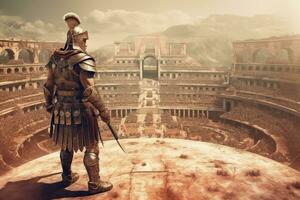 Armoured Roman SPQR Gladiator overlooking the amphitheater of ancient Rome. Generative AI photo