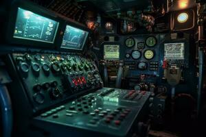 A close-up image of the control panel inside a submarine's command center, with illuminated buttons and displays, capturing the high-tech and sophisticated nature of the vessel. Generative AI photo