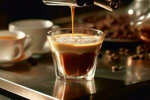 A close-up of the crema on top of an espresso shot, with the coffee beans and machine in the background. Generative AI photo