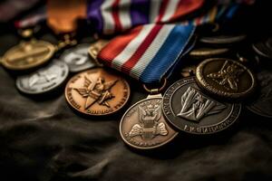 A close-up of a veteran's military medals and decorations, displayed with pride and honor, showcasing their achievements and service. Generative Ai photo