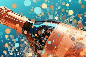 A close-up of a champagne bottle with a cork popping out, with bubbles and confetti flying around it. Generative AI photo