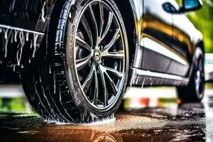 A close-up of a car tire being carefully cleaned and dressed by a detailer, showcasing the attention given to every aspect of the car during the wash. Generative AI photo