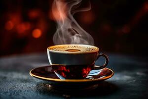 A close-up shot of a freshly brewed espresso, with steam rising from the cup, set against a dark background to showcase the rich color of the coffee. Generative AI photo