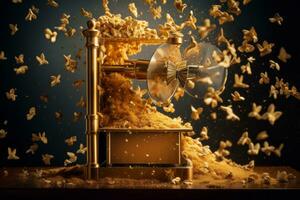 A close-up of a popcorn machine, with popcorn kernels popping and flying out of the machine, capturing the essence of the popcorn-making process. Generative AI photo