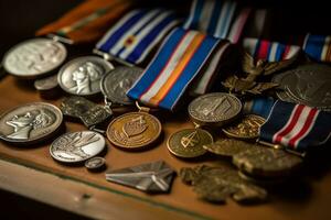 A close-up of a veteran's military medals and decorations, displayed with pride and honor, showcasing their achievements and service. Generative Ai photo