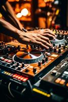 A close-up shot of a DJ's hands on the turntables, showcasing the technical skills and artistry involved in mixing music. Generative AI photo